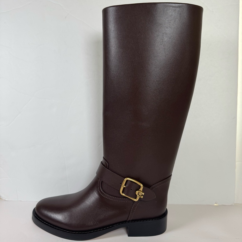 NEW Coach Brown Leather Tall Riding Boots Size 8 Knee High Buckle - Picture 2 of 16